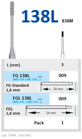FG138L009 Бор алмазный FG - цилиндр - 009 серый  для микропрепарирования HORICO