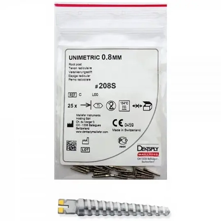 Unimetric 0.8мм., титановые штифты 25шт., № 208S, Maillefer (желтые)