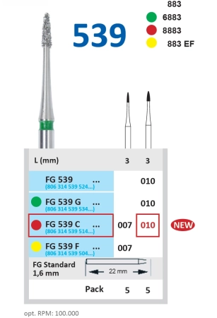 FG539C010 Бор алмазный FG - остроконечный - 010 красный, HORICO