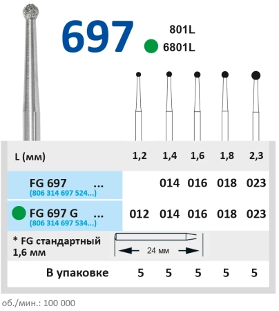 fg697016 бор алмазный fg - шар хирургическая длина - 016 серый, horico
