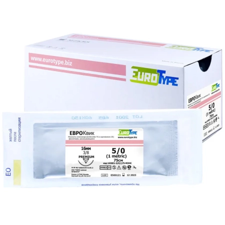 евроквик нить l=75 см usp 5/0, игла 16 мм о/р 3/8 (12 шт) eurotype
