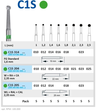 C1S205010 Бор твердосплавный - шар хирургическая длина - 010  угловой наконечник зеленая  HORICO
