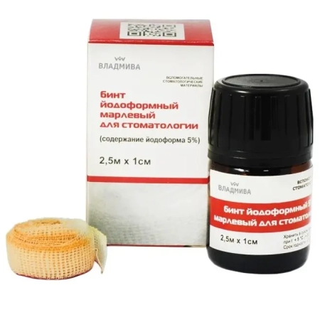 Бинт йодоформный марлевый для стоматологии (содержание йодоформа 5%), 2.5м*1см, ВладМиВа