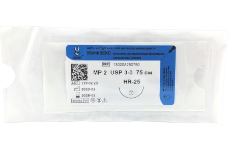 УНИФЛЕКС мононить поливинилиденфторидная синяя L=75см USP 3/0 HR-25 "Линтекс"