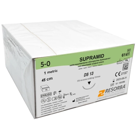 SUPRAMID / Супрамид - мононить L=45см USP 5/0 (1), игла обратно-режущая DS-13 3/8 (36 шт) RESORBA