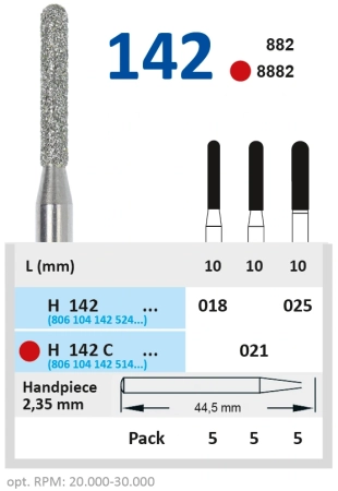 H142C021 Бор алмазный H - цилиндр закругленный - 021 красный HORICO