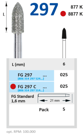 fg297025 бор алмазный fg - торпеда коническая - 025 серый horico