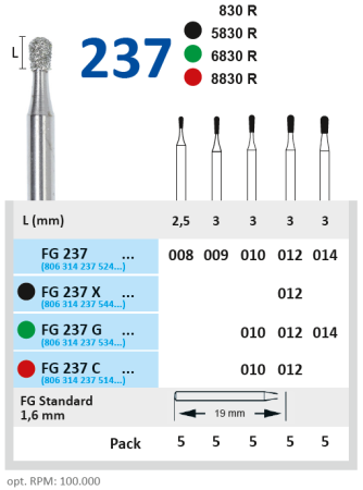FG237C012 Бор алмазный FG - грушевидный - 012 красный HORICO