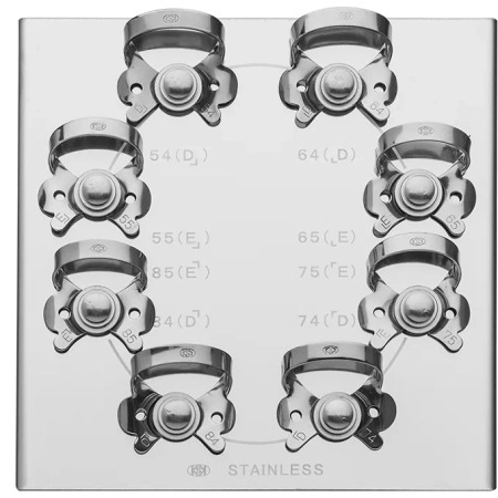 набор из 8 клампов (матовых) для молочных зубов на подставке из нержавеющей стали, dentech