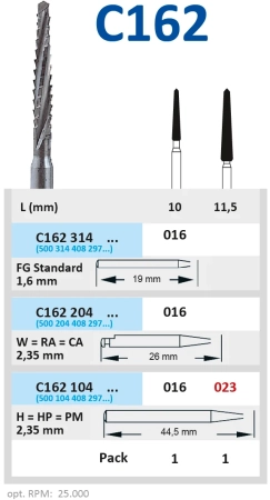 C162104023 Бор твердосплавный - фреза по Линдеманну - 023  прямой наконечник для препарации кости  H
