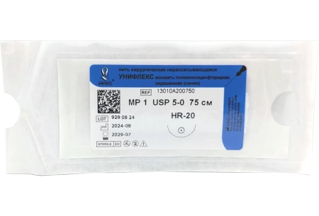 УНИФЛЕКС - мононить поливинилиденфторидная синяя, L=75см, USP 5-0, HR-20, "Линтекс"