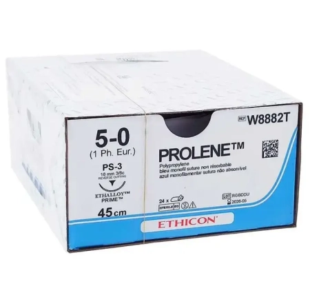 Пролен с 1 иглой L=45см., синяя, USP 5-0, PS-3 (обр-режущая), 16мм, окр. 3/8, 24шт., Johnson&Johnson