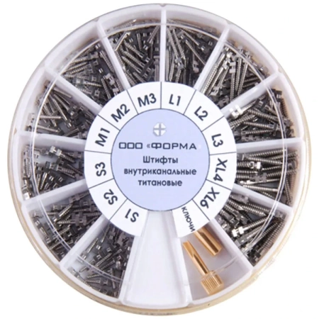 Штифты внутриканальные титановые, набор: 242шт + 2 ключа (ФОРМА)