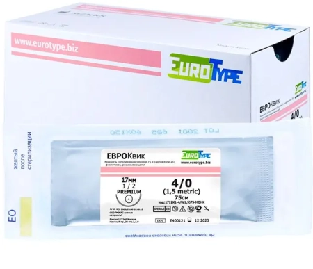 евроквик нить l=75 см usp 4/0, игла 17 мм колющая 1/2 (12 шт) eurotype