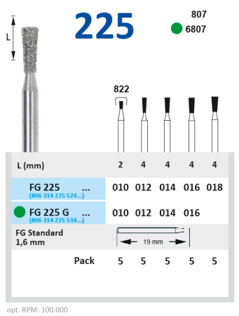 FG225G010 Бор алмазный FG - удлиненный обратный конус - 010 зеленый HORICO