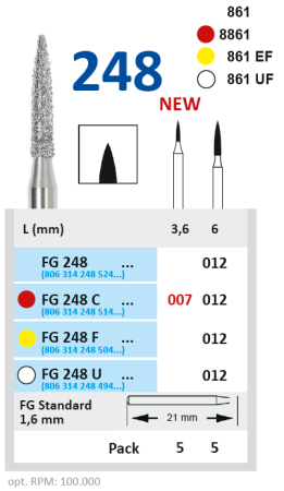 FG248U012 Бор алмазный FG - пламя заостренное - 012 белый HORICO