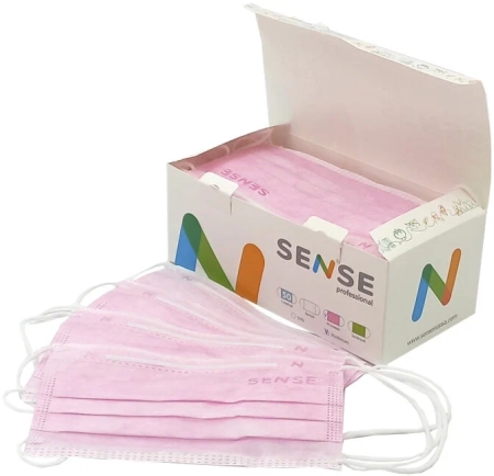 Маски 3-х слойные медицинские из нетканого материала (розовый), 50шт/уп., SENSE  (ТК=40уп)