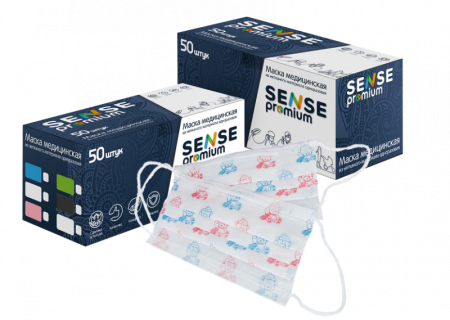 Маски "SENSE premium" с рисунком МИШКИ медицинские трёхслойные на резинках, 50шт/уп  (тк=40уп)