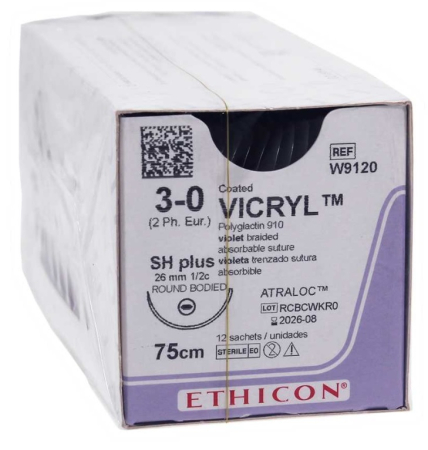 Викрил с 1 иглой L=75см., USP 3-0, SH plus (колющая), 26мм., 12шт., Johnson&Johnson