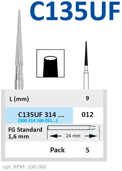 c135uf314012 бор твердосплавный - конус - 012 финир 30 граней турбинный наконечник  horico