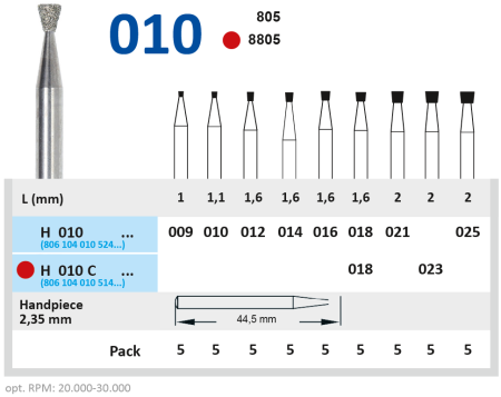 H010021 Бор алмазный H - обратный конус - 021 серый HORICO
