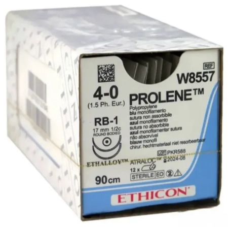 Пролен с 2 иглами L=90см., USP 4-0, RB-1 (колющая), 17мм 1/2с, 12шт., Johnson&Johnson