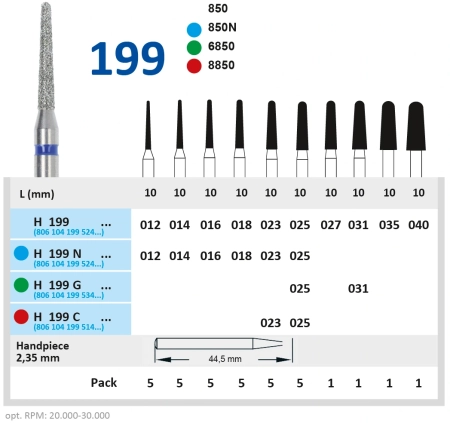 H199C023 Бор алмазный H - конус закругленный - 023 красный HORICO