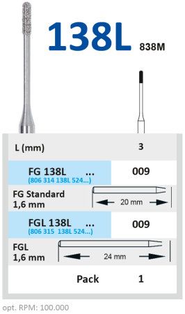 FGL138L009 Бор алмазный FG - цилиндр - 009 серый  для микропрепарирования HORICO
