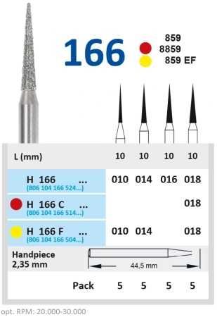 H166C018 Бор алмазный H - конус остроконечный - 018 красный HORICO