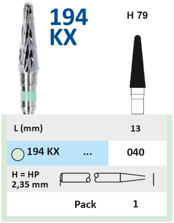 194KX040 Фреза твс - конус - 040 зеленый насечка крестообр.агрессив. мелкая, твердый акрил  HORICO