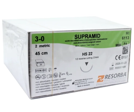 SUPRAMID / Супрамид - мононить L=45см USP 3/0 (2) игла обратно-режущая HS-22 1/2 (36 шт) RESORBA