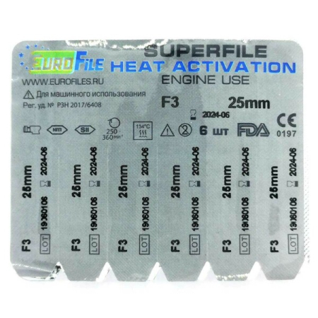 superfile (heat activation) engine f3, 25мм, машинные файлы, никель-титан, 6 шт. eurofile