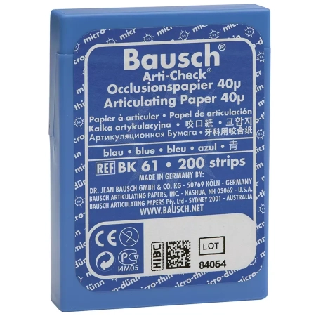 ВК 61 Артикуляционная бумага в пластиковом боксе, синяя, 40мкм., 200л., Bausch