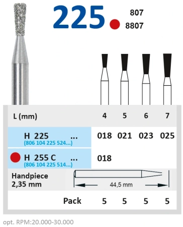 H225018 Бор алмазный H - удлиненный обратный конус  - 018 серый HORICO
