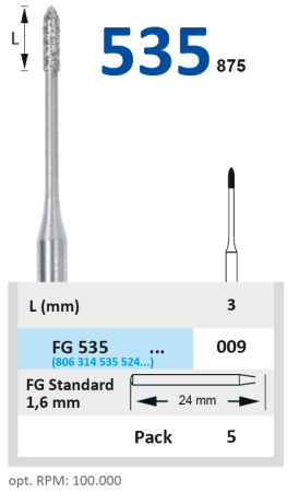 FG535009 Бор алмазный FG - торпеда 3 мм - 009 серый HORICO