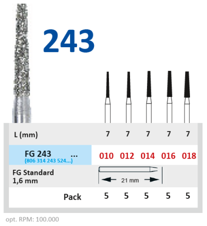 FG243012 Бор алмазный FG - конус усеченный - 012 серый HORICO