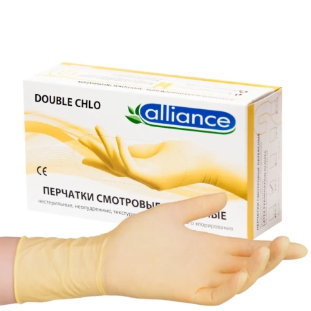 перчатки "alliance" медицинские латексные двойного хлорир. текстурированные, уп/50пар, размер: м