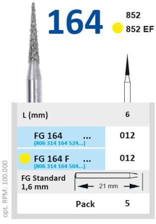 FG164F012 Бор алмазный FG - конус остроконечный - 012 желтый HORICO