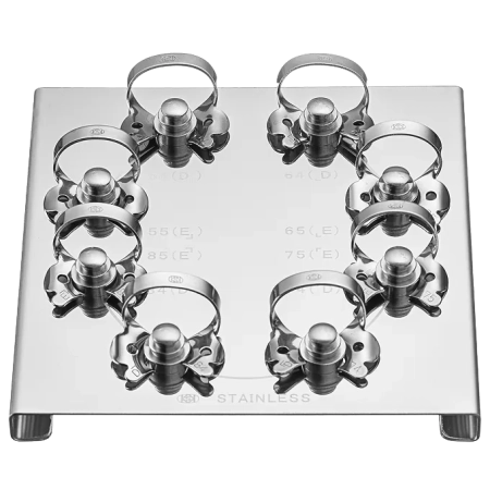 Набор из 8 клампов (матовых) для молочных зубов на подставке из нержавеющей стали, Dentech