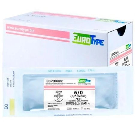 евроквик нить l=75 см usp 6/0, игла 13 мм колющая 3/8 (12 шт) eurotype