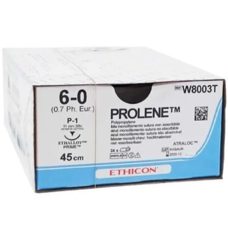 Пролен с 1 иглой L=45см., синяя, USP 6-0, P-1 (обр-режущая), 11мм, окр. 3/8, 24шт., Johnson&Johnson