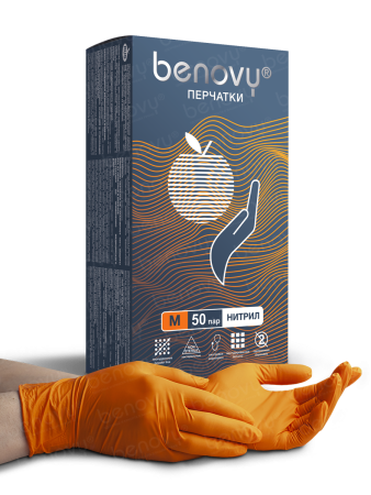 перчатки "benovy" нитриловые -  50 пар (top glove) оранжевые m