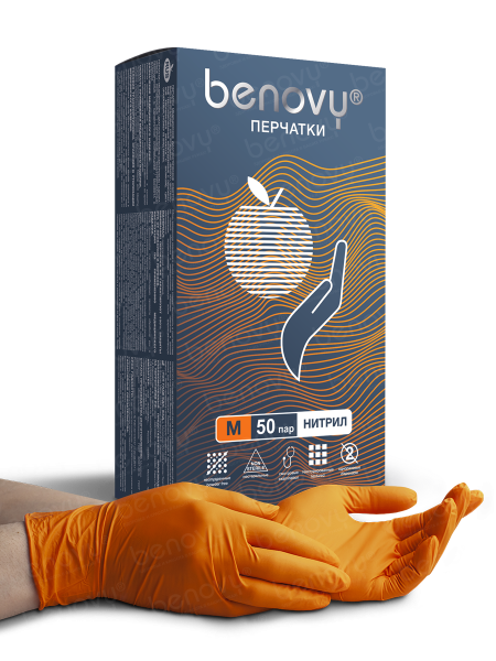 перчатки "benovy" нитриловые -  50 пар (top glove) оранжевые m