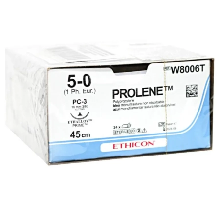 Пролен с 1 иглой, W8006T, L=45см., USP 5-0, PC-3 Prime (режущая), 16мм, 3/8, 24шт.,  Johnson&Johnson