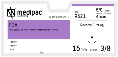 p.g.a. (пга) нить рассасывающаяся l=45 см usp 5/0, игла 16 мм о/р 3/8 (24 шт) medipac