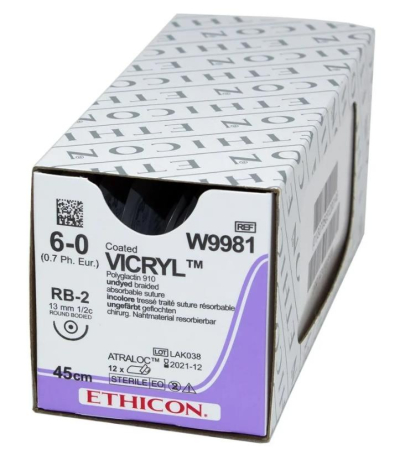 Викрил с 1 иглой L=45см., USP 6-0, RB-2 (колющая), 13мм 1/2с, 12шт., Johnson&Johnson