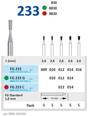 FG233016 Бор алмазный FG - удлиненный обратный конус с закруг краями - 016 серый HORICO