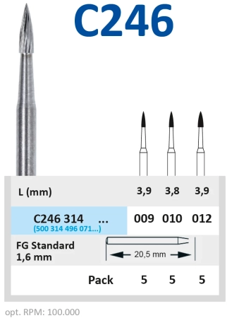 c246314009 бор твердосплавный - пламя остроконечное - 009 финир 12 граней турбинный наконечник  hori