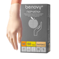 перчатки "benovy" латексные текстурированные неопудренные, размер: m, 50 пар (top glove)