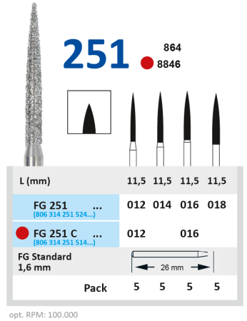 FG251C016 Бор алмазный FG - пламя заостренное - 016 красный HORICO